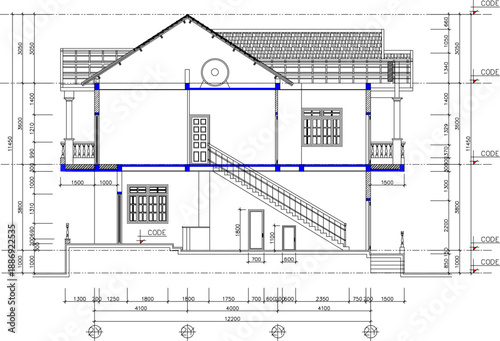 Vector sketch illustration silhouette design architectural engineering drawing section view of a simple classic colonial house building with scale size