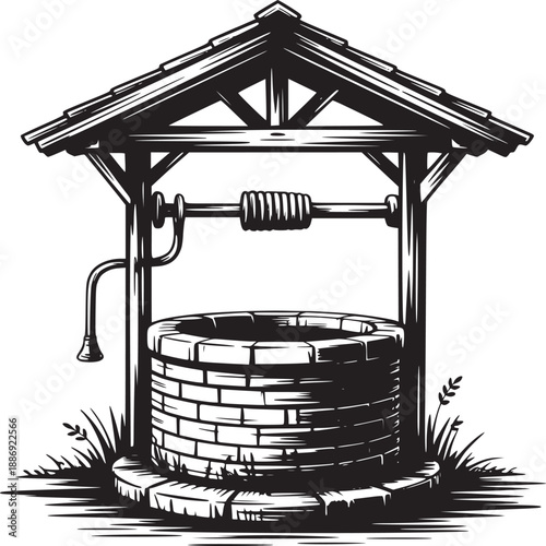 A black and white drawing of an old fashioned well with a roof and a crank system for drawing water