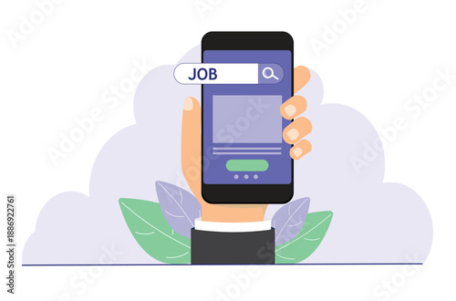 Hand holding phone with finding new job app. Work openings on internet. Vacancy searching bar.