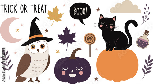 Cute Halloween scene with owl, black cat, pumpkins, candy, potion, and autumn leaves in colorful kawaii cartoon style for kids vector illustrations