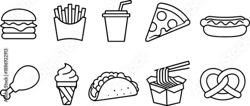 Set of black line icons representing fast food and street food items including burger, fries, soda, hot dog, pizza, chicken leg, taco, ice cream, skewer, and food truck. Minimalist outline icon set te