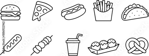 Set of black line icons representing fast food and street food items including burger, fries, soda, hot dog, pizza, chicken leg, taco, ice cream, skewer, and food truck. Minimalist outline icon set te