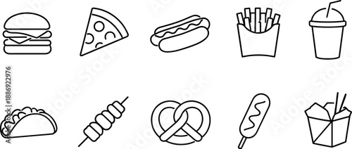 Set of black line icons representing fast food and street food items including burger, fries, soda, hot dog, pizza, chicken leg, taco, ice cream, skewer, and food truck. Minimalist outline icon set te