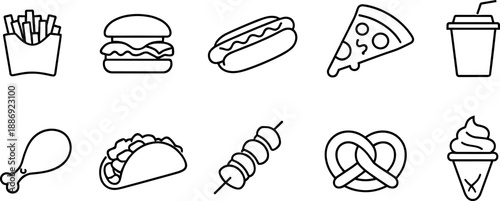Set of black line icons representing fast food and street food items including burger, fries, soda, hot dog, pizza, chicken leg, taco, ice cream, skewer, and food truck. Minimalist outline icon set te