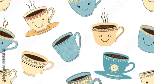 Charming seamless pattern of smiling, anthropomorphic coffee and tea cups with steam, in cheerful blue and yellow, on a white background.