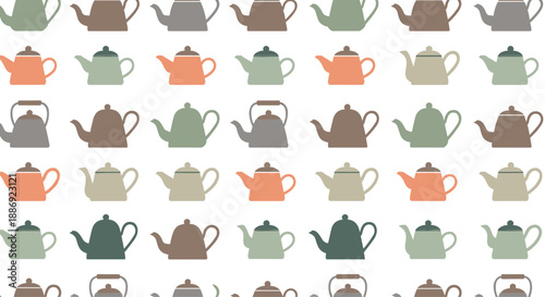 Seamless pattern of colorful teapot silhouettes in muted, earthy tones, arranged in neat rows on a clean white background for kitchen decor.