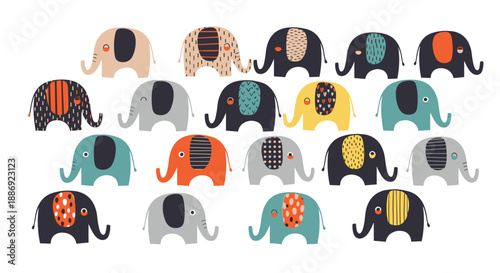 Collection of adorable, stylized cartoon elephants with various colorful patterns and textures, isolated on a clean white background for kids' designs.