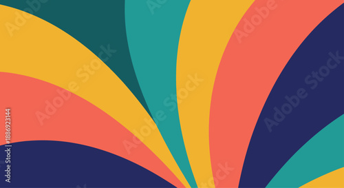 Vibrant retro background with sweeping, curved color bands in a 70s-inspired palette of mustard yellow, coral, teal, and dark blue.