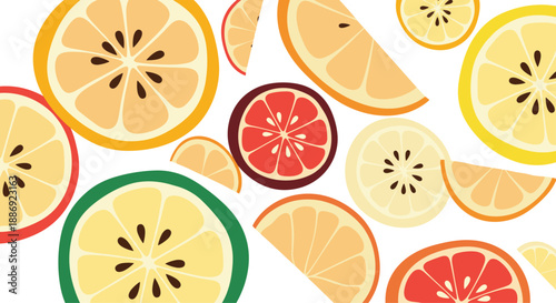 Bright and fresh background illustration featuring a scattered pattern of colorful citrus fruit slices, including oranges, lemons, and grapefruits.