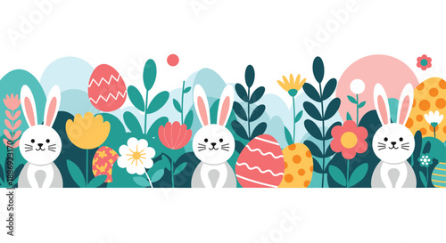 Vibrant Easter-themed horizontal border with cute bunnies, colorful decorated eggs, and spring flowers against a backdrop of rolling green hills.