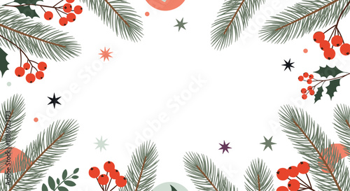 Elegant Christmas frame background with detailed pine branches, red holly berries, and stars, providing ample copy space for holiday greetings.