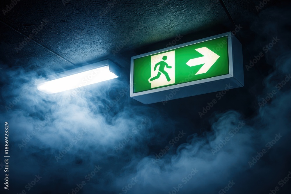 Obraz premium Emergency Exit Sign Illuminated in Smoky Dark Corridor