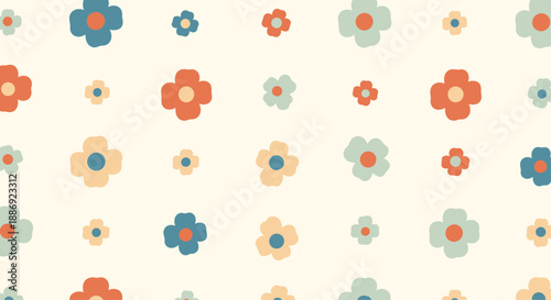 Seamless repeating pattern of simple retro-style flowers in muted blue, orange, and cream tones on a light background.