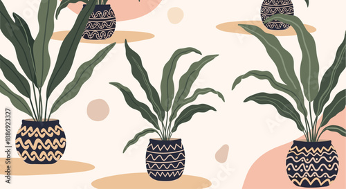 Artistic pattern of green leafy houseplants in decorative navy blue pots with abstract pink and cream shapes in the background.