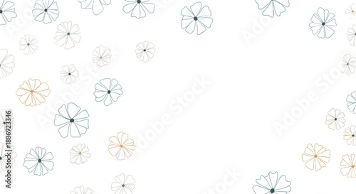 Minimalist background design with scattered, hand-drawn outline flowers in blue and beige creating a delicate frame effect.