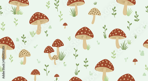 Seamless cute pattern of red and white toadstool mushrooms with green leaves on a light mint green background.