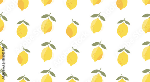 Bright and fresh seamless pattern of simple, stylized yellow lemons with green leaves scattered on a clean white background.