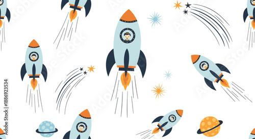 Fun seamless pattern for kids featuring cartoon rockets with astronauts, planets, and shooting stars on a white background.