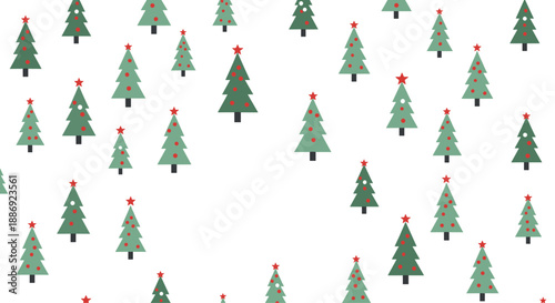 Simple and minimalist seamless holiday pattern with green Christmas trees and red star toppers on a clean white background.