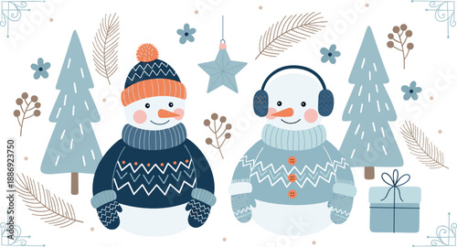 Cute winter snowman couple with cozy sweaters, earmuffs, pine trees, gifts, and falling leaves in pastel kawaii style for Christmas vector illustrations