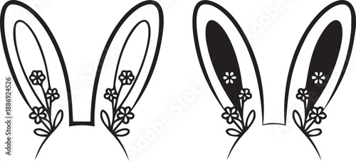 Black outline easter bunny ears with floral decoration, simple graphic vector illustration on transparent background