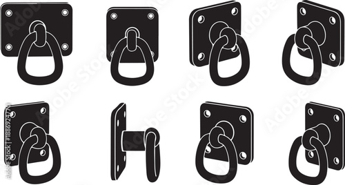 Black metal door handles and latches in various views