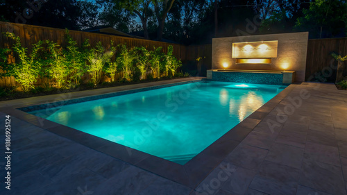 A serene outdoor setting during the evening. A rectangular swimming pool with a vibrant turquoise hue is the central focus, surrounded by smooth, light-colored tiles