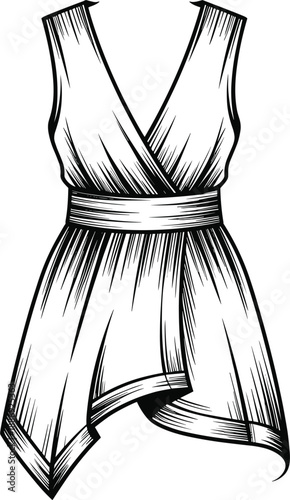 Black and white line of a sleeveless V-neck wrap dress with a cinched waist and an asymmetrical handkerchief hemline
