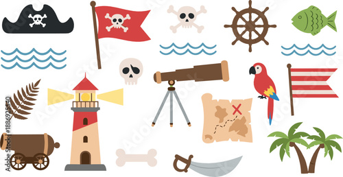 Pirate adventure icon set with lighthouse, treasure map, skull flags, cannon, telescope, parrot, palm trees, and nautical elements in colorful vector style