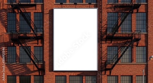 Large vertical white billboard mockup mounted centrally on a textured red brick building facade featuring multiple dark framed windows and black metal fire escape stairways casting dramatic shadows in