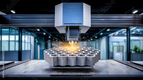 Laser cutting machine engraving honeycomb metal plate with sparks in modern industrial workshop