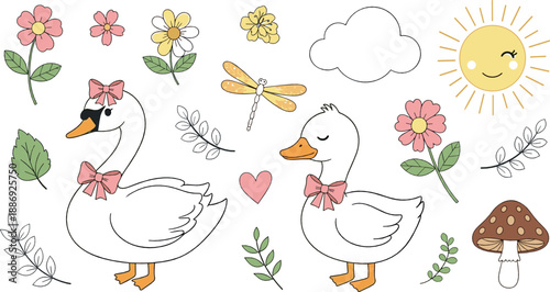 Cute spring goose couple with flowers, sun, dragonfly, mushrooms, and hearts in pastel kawaii style for kids vector illustrations