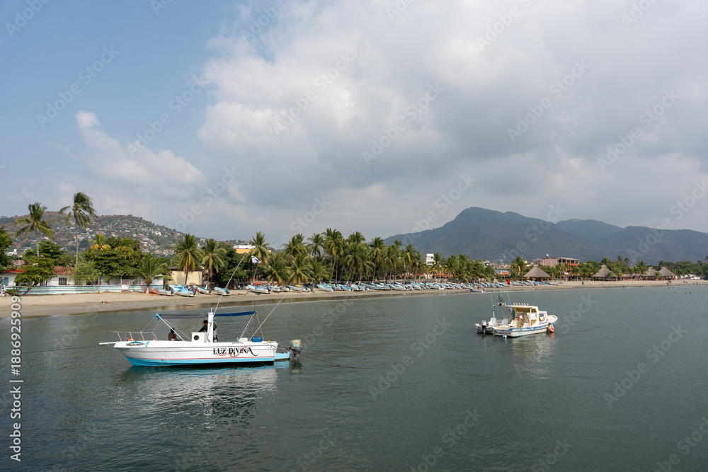 Obraz premium View of the beach in the bay of Ixtapa Zihuatanejo with boats in the sea and palm trees on the sand. Tropical landscape of costa grande, Guerrero. Mexico, January 19, 2026.