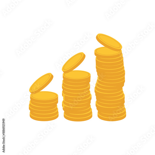 Golden coins stack growing with open coin on top in gradual height increase