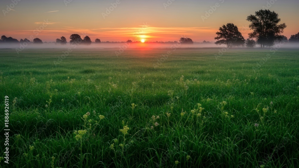 Obraz premium Sunset over green grassy field.