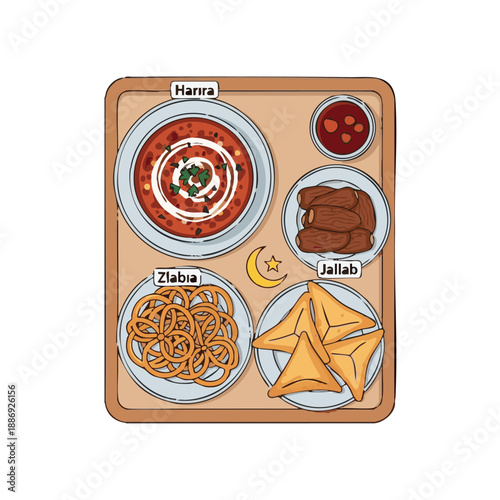 Ramadhan Islamic Festive Meal Illustration Featuring Dates, Samosas, and Traditional Dishes on a Tray Reference 103 VR11.eps