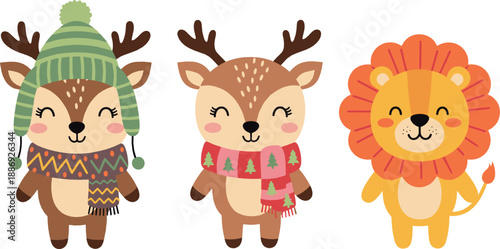 Cute winter animal characters set with reindeer and lion wearing cozy scarves and hats in kawaii cartoon style for kids vector illustrations