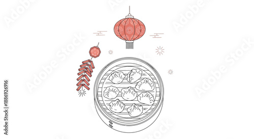 Chinese New Year Illustration of Dim Sum Dumplings in Bamboo Steamer with Lantern and Firecrackers Line Art
