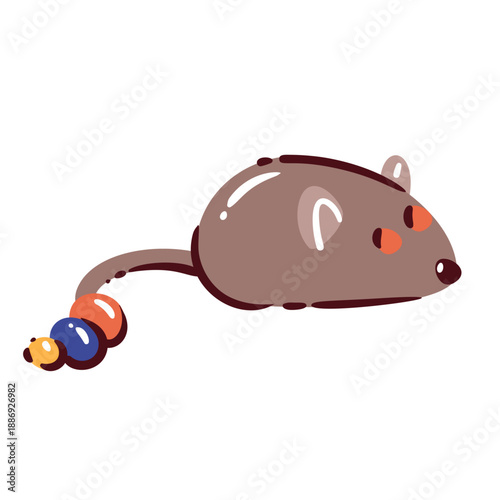 Cat toy mouse cartoon icon with tail beads. Pet toy for cat play, activity and enrichment, small animal accessory for daily care and entertainment. Cartoon vector illustration.