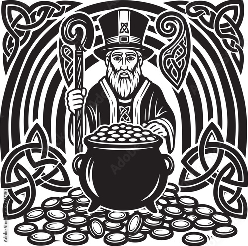 Traditional celtic leprechaun with pot of gold vector Vector