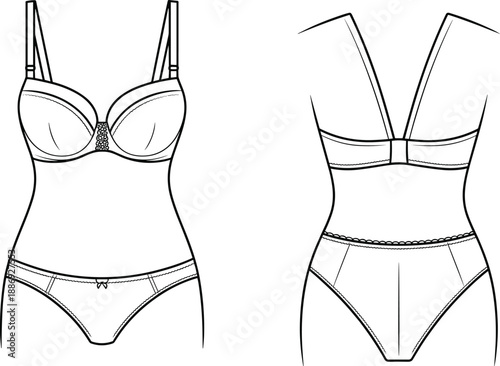 Detailed fashion of a women's bra and panty set front and back views showcasing delicate lace trim and adjustable straps for a lingerie