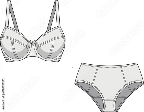Realistic shaded of a bra and briefs set in light grey with detailed stitching and texture lingerie