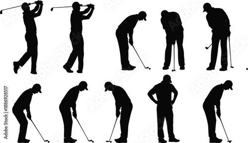 Black and white golfer silhouette set showing swinging, putting, and stance poses for golf training, sports illustration, and design projects