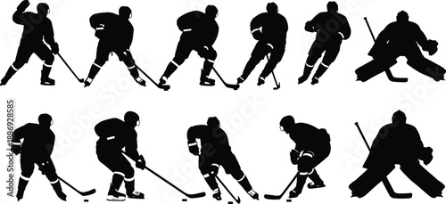 Black and white ice hockey player silhouette set showing skating, shooting, puck control, and goalie actions for sports design projects