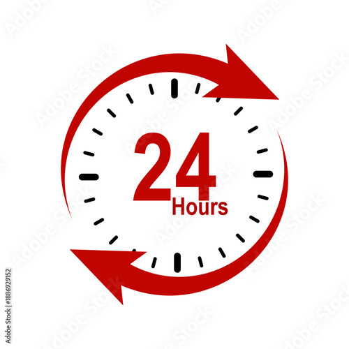 24 Hours icon. Minimalist flat design of a red arrow circle with a 24 hours clock inside. Symbolizes around the clock service, delivery, or availability. Can be used for business, commercial purposes.