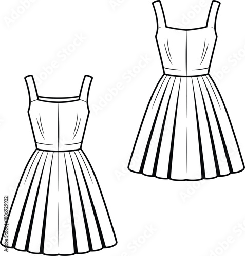Women's dress fashion front and back views featuring a fitted bodice and a flared pleated skirt with wide shoulder straps for a classic silhouette