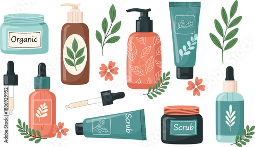 Organic skincare and cosmetic product collection with bottles, jars and botanical elements, natural beauty packaging set isolated on white background illustration