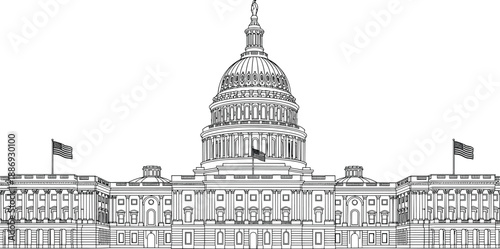 United States Capitol illustration, Washington DC landmark, architectural drawing, government building, democracy symbol, historic monument, political icon, detailed line art