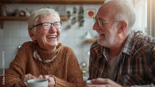Joyful elderly couple laughing heartily together, sharing a moment of happiness and connection