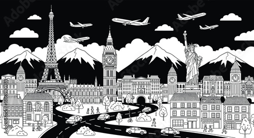 Black and white skyline vector illustration featuring Eiffel Tower, Big Ben, Statue of Liberty, mountains, airplanes, city streets, and world travel landmarks,